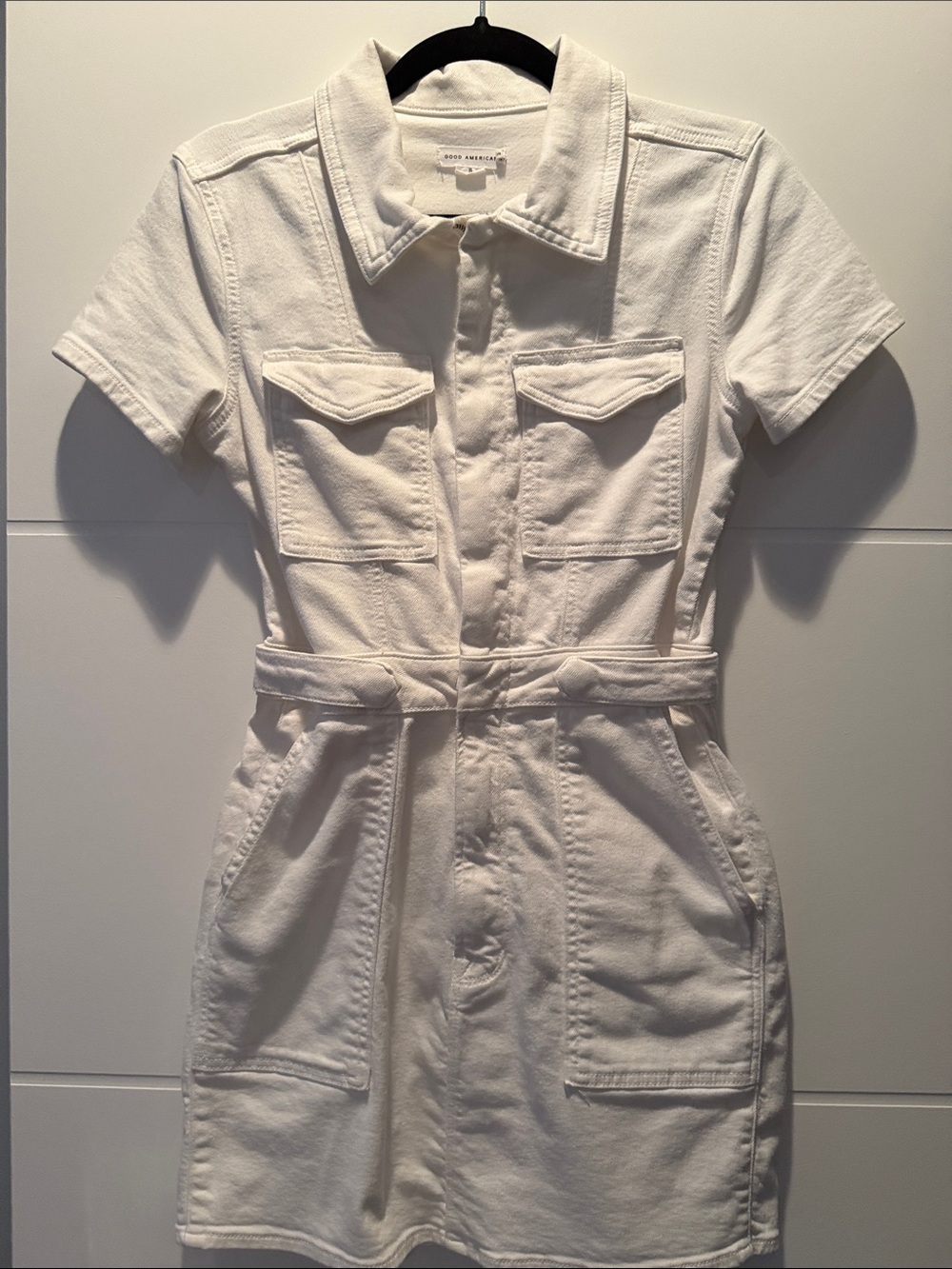 Good American White Short-Sleeve Utility Mini Dress with Waist Tie